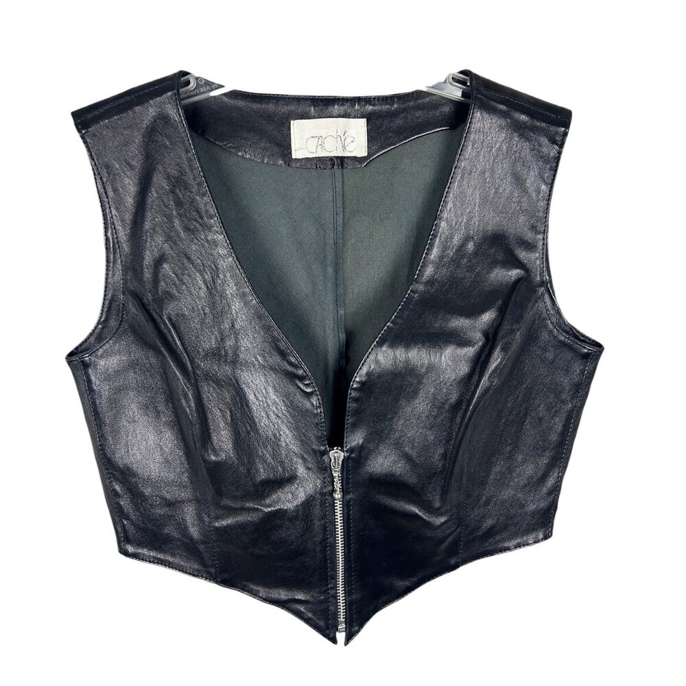 Cache 90s Y2K Black Leather Bustier Front Zip Deep V Vest XL